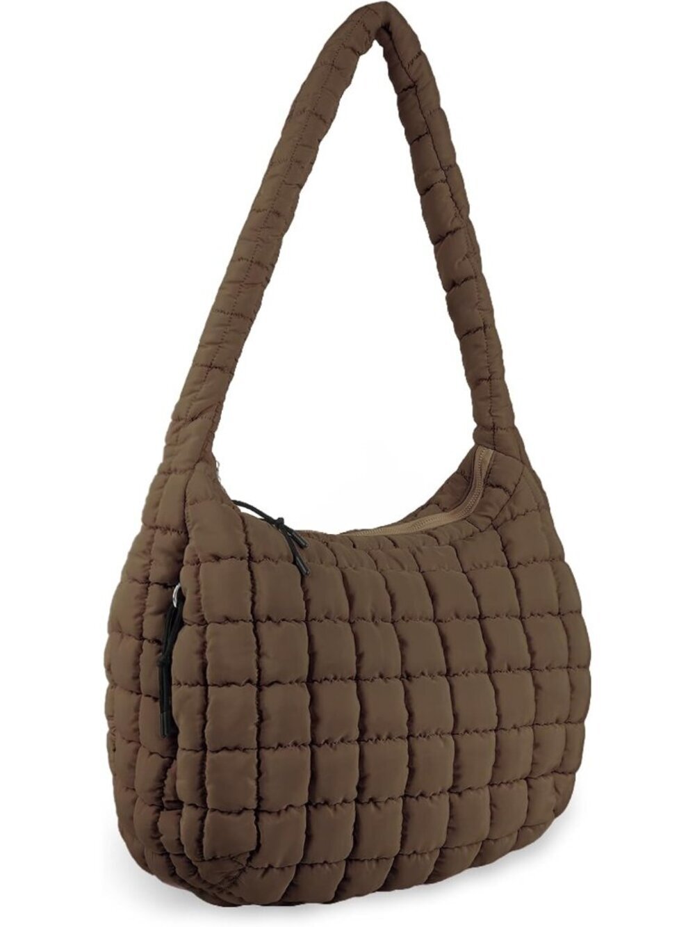 Women's Brown Quilted Puffer Lightweight Zipper Nylon Hobo Shoulder Handbag